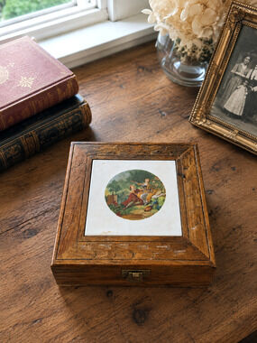 Wooden Jewelry Keepsake Box Ceramic Tile Romantic Courting Scene Red Velvet